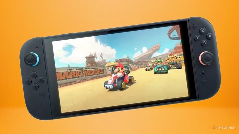 کاهش تولید Switch 2 نینتندو: کنسول Switch 2 در حال اجرای Mario Kart World در یک پس زمینه نارنجی.