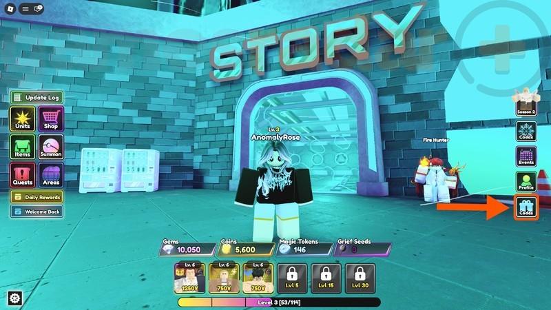 فلشی به دکمه Codes در بازی Anime Ascendants کد فعال اشاره می کند