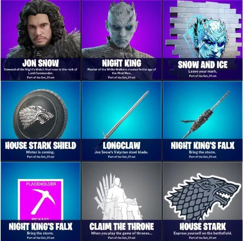 اسکین های Game of Thrones در Fortnite - جان اسنو، دنریس و نایت کینگ