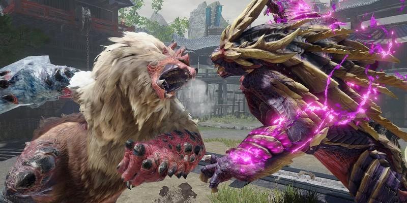 یک گاس هاراگ و مگنامالو در حال آماده شدن برای حمله به همدیگه در Monster Hunter Rise، بازی های رایگان پلی استیشن پلاس