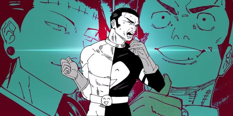 Takaba against a backdrop of Kenjaku and Takaba facing each other - Jujutsu Kaisen کی مرد کی زنده ماند