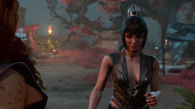 شادوهارت در حال نشون دادن تفنگ با انگشت به Tav در بازی Baldur's Gate 3. این صحنه یک Baldur's Gate 3 Shadowheart شوخی بداهه است.