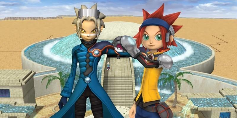 وس از Pokémon Colosseum و مایکل از Pokémon XD: Gale of Darkness با شهر Phenac در پس زمینه. Pokémon: Dark Horizon دنباله Colosseum.