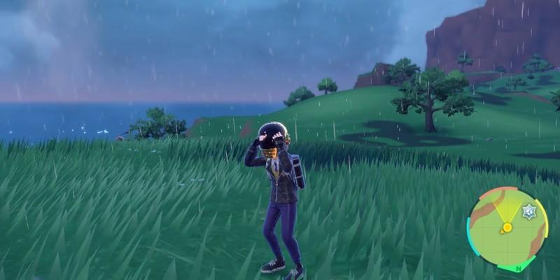 بازیکنی که در Pokémon Scarlet and Violet با دست هایش از سرش در برابر باران محافظت می کند. برای Pokémon Winds & Waves: اصلاح اشتباهات ضروری است که این مشکلات برطرف شوند.