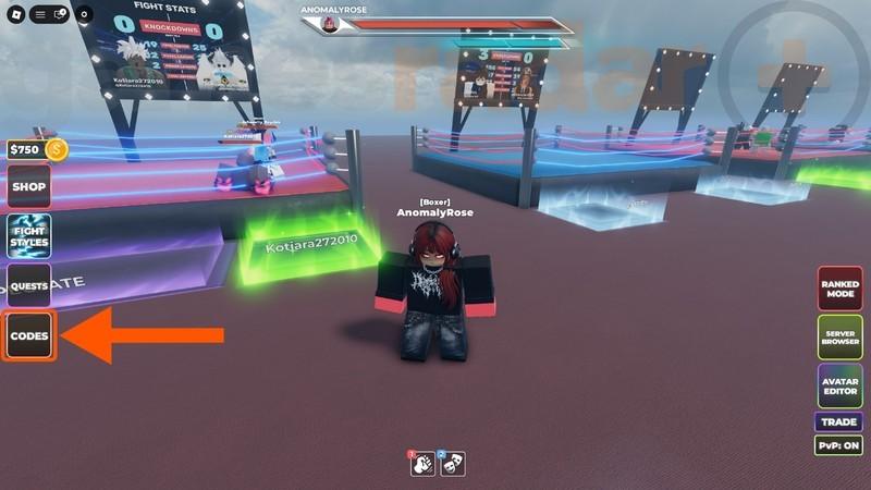 یک فلش که دکمه کدها را برای استفاده از کدهای بازی Untitled Boxing Game رایگان نشان می دهد