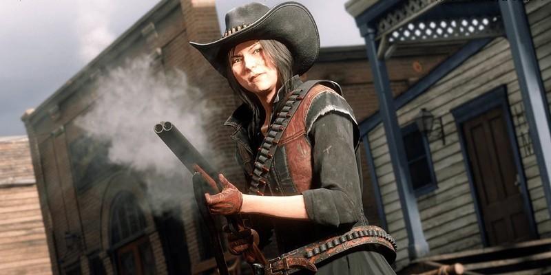 زنی با یک شاتگان در شهری در Red Dead Redemption Online، تجربه ای بهتر با آپدیت Red Dead Redemption 2 60fps.