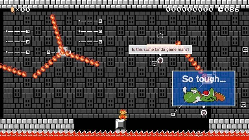 ماریو روی یه بلوک در محاصره مواد مذاب در چالش Bowser Jr Mario Maker 2.