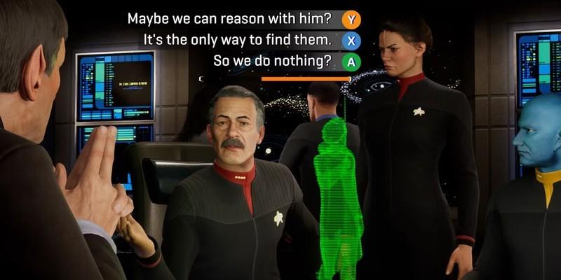 Star Trek: Resurgence از دسترس خارج شد - چندین شخصیت در Star Trek Resurgence در حال برنامه ریزی برای چگونگی انجام یک ماموریت، در حالی که سه انتخاب برای بازیکن نمایش داده شده است.