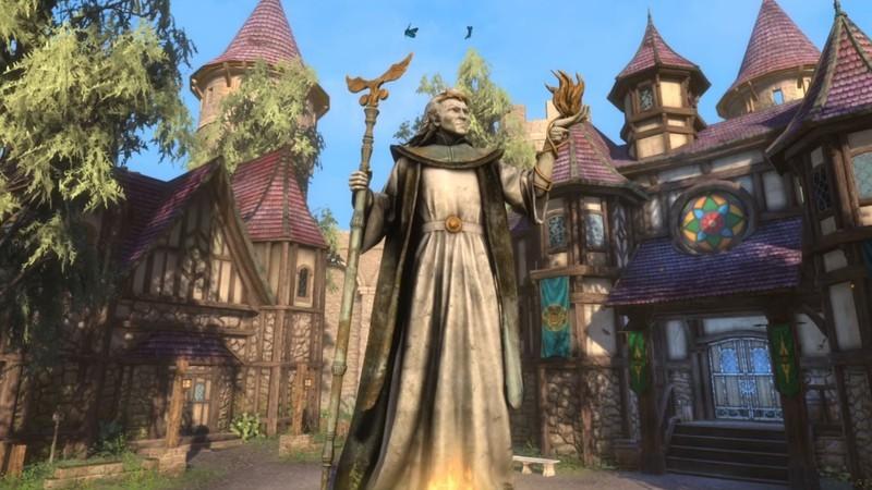 Skyblivion وضعیت: A screenshot of a town with an elf statue.