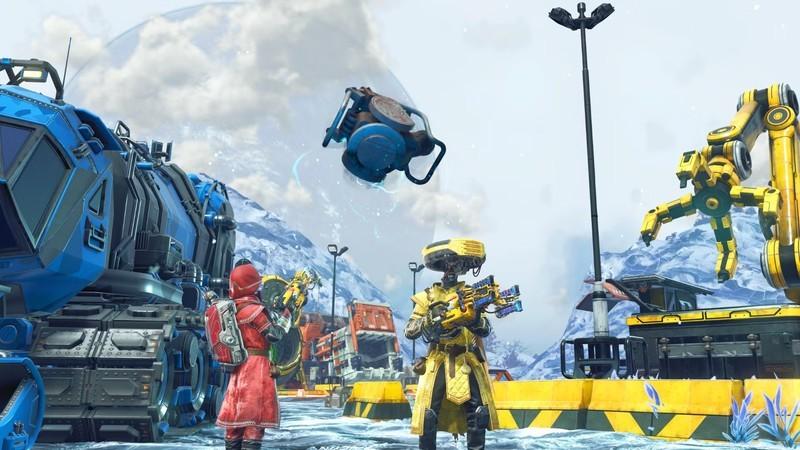 No Man's Sky players and robot at a scrap yard. این تصویر مرتبط با No Man's Sky آپدیت سوییچ زمانبر است.