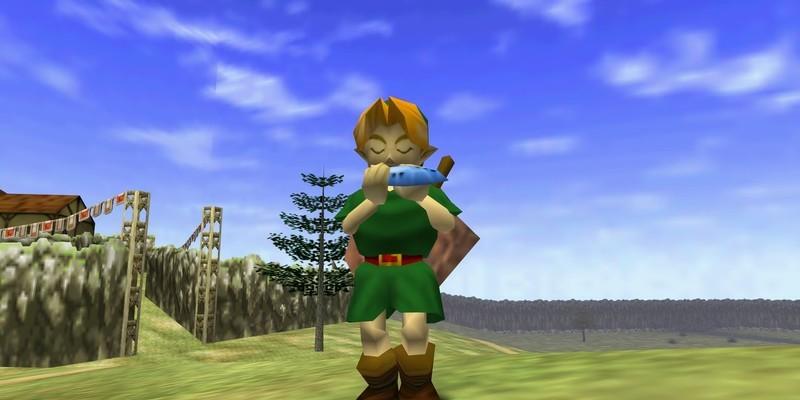لینک (Link) در حال نواختن اوکارینای خود در Zelda Ocarina Of Time بازسازی.
