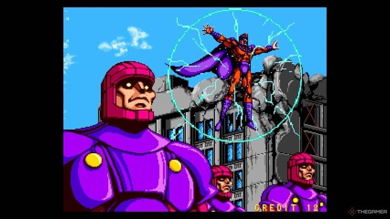 کالکشن بازی Marvel: ایستادن مگنتو بالای سر سنتینل ها در X Men the Arcade Game.